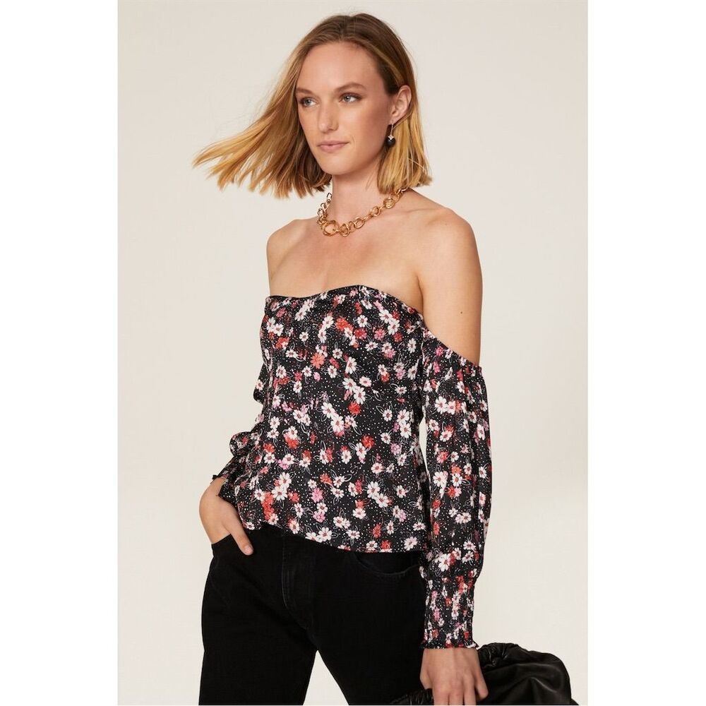 Off-Shoulder Floral Blouse in Black and Pink